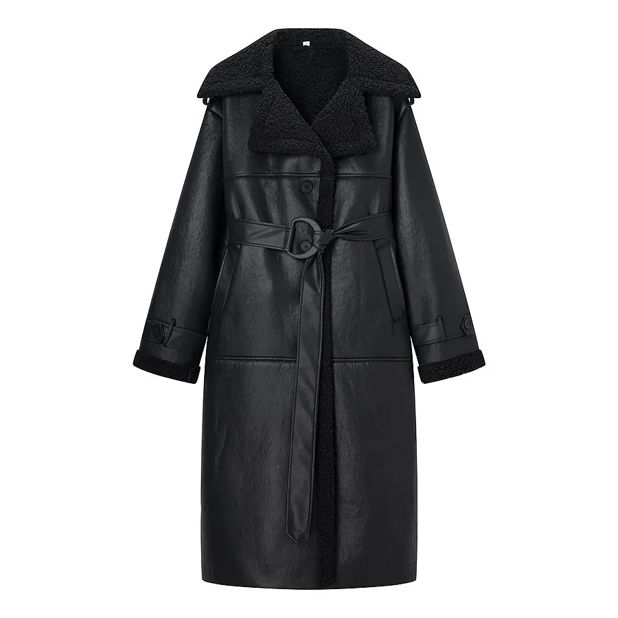 European and American style women's fashion versatile temperament belt fur integrated long leather jacket coat