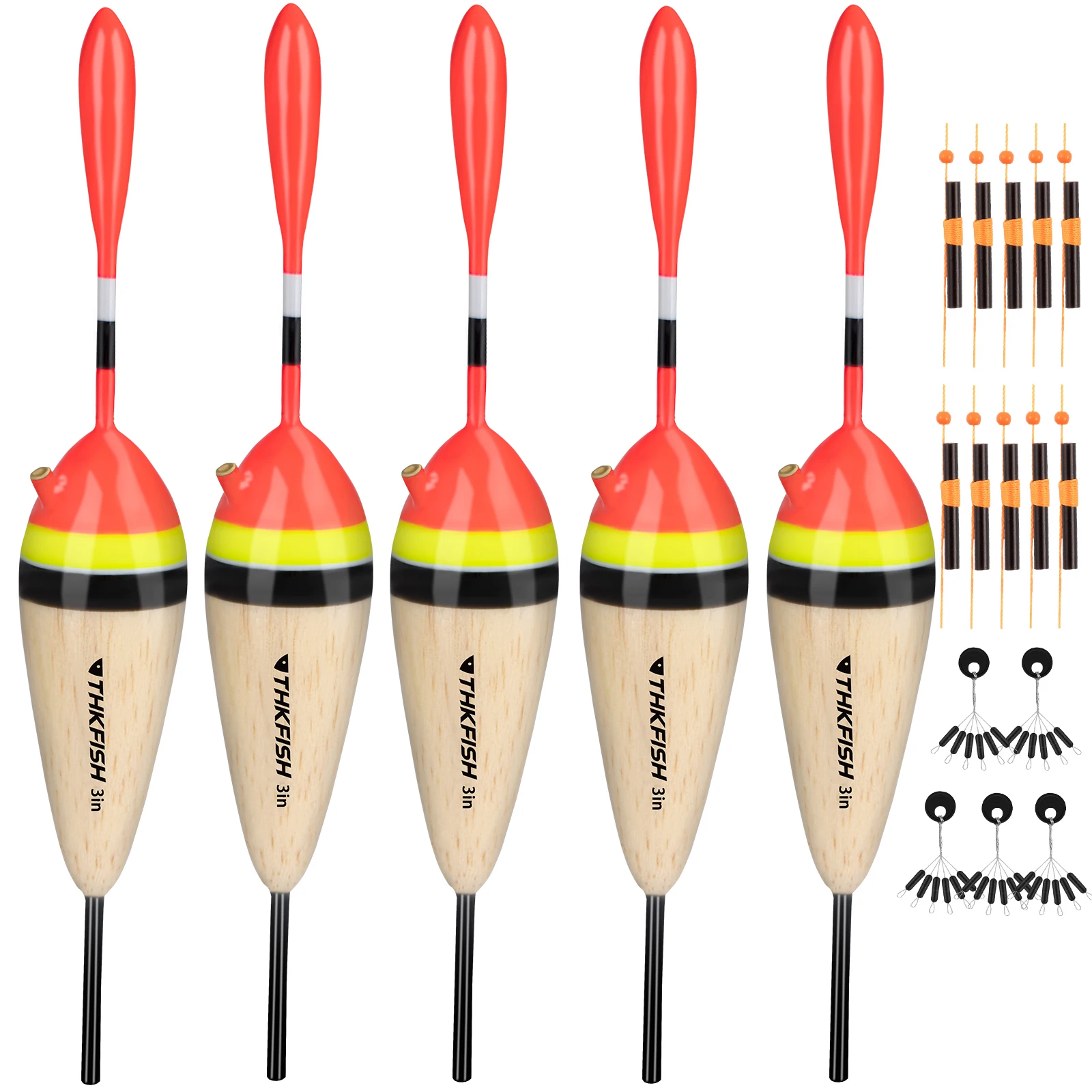 THKFISH 5pcs Wood Fishing Slip Floats Rig Freshwater 2in 2.5in 3in Slip Bobbers Vertical Buoys For Crappie Panfish Bass Catfish