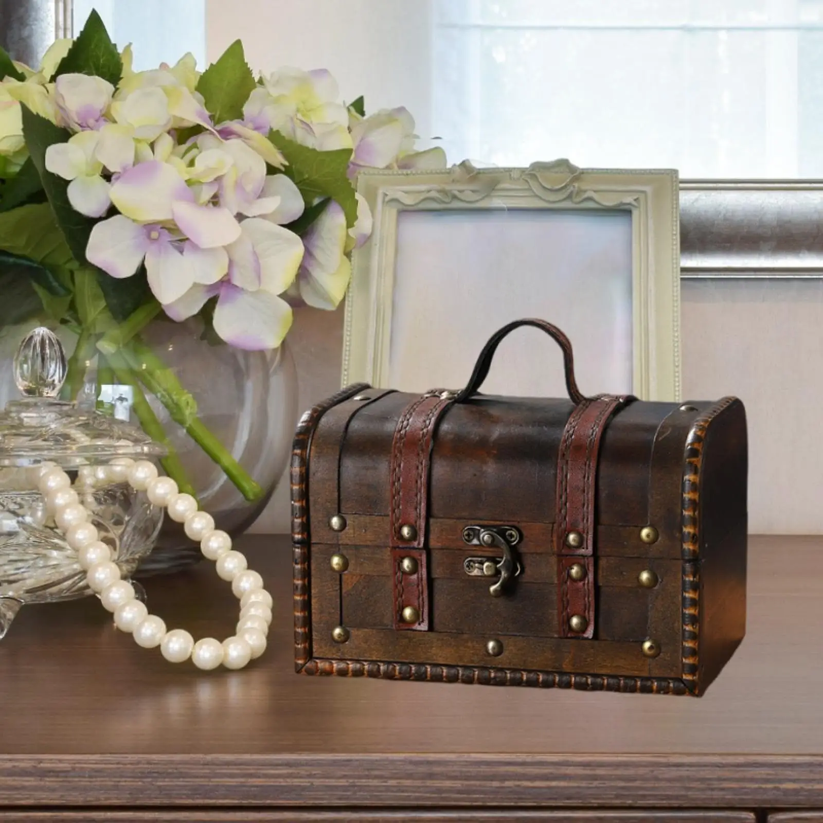 

Trinket Storage with Latch Hook Hasp Treasure Chest Case Wooden Jewelry Box Organizer for Christmas Ceremony Gift Birthday Women