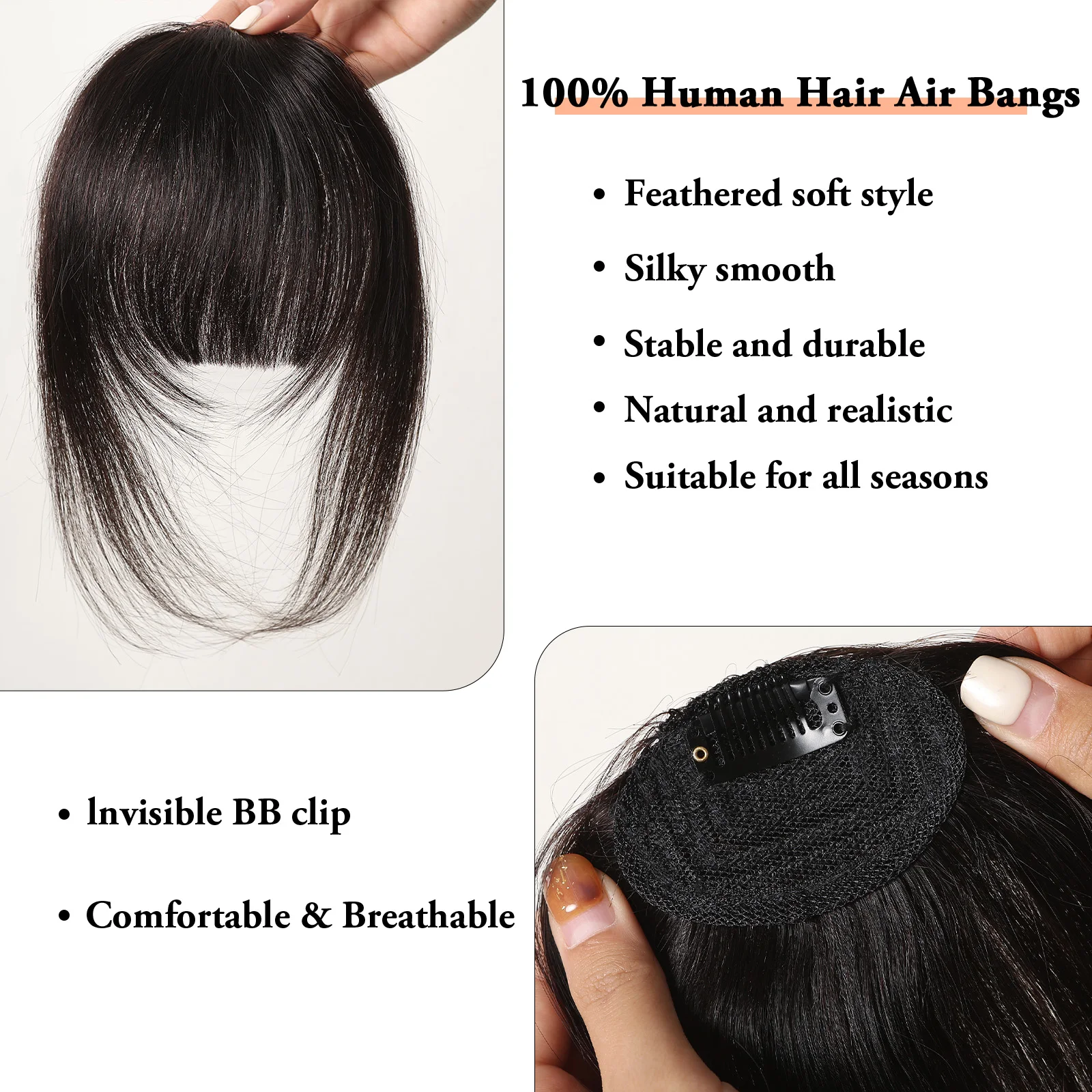 100% Remy Human Hair Fringe Bangs Clips in Natural Black Human Hair 3D Air Fringe Bangs Hairpieces for Women with Thinning Hair