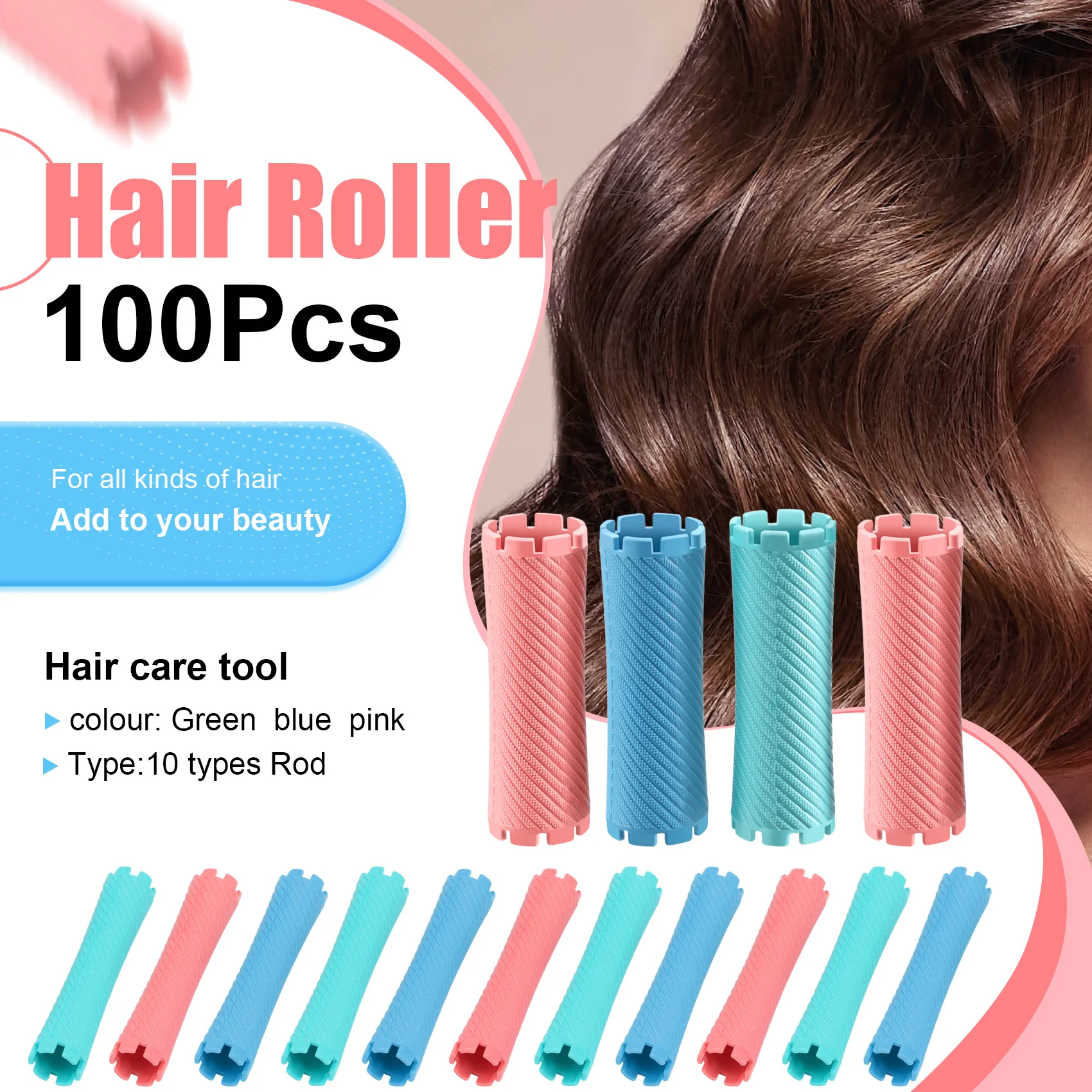 100Pcs/Set 10 Sizes Hair Perm Rods Kit Cold Permanent Bar Plastic Curlers Rollers Set Wave Fluffy Corn Hair Maker Styling