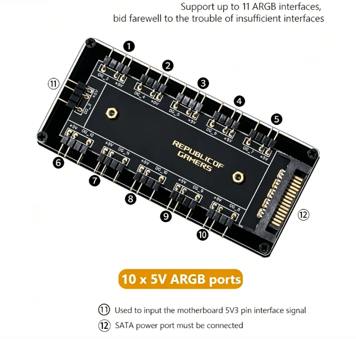 RGB 10 Hub Splitter 5V 3Pin ARGB RGBW Cable for ASUS AURA SYNC SATA Power Extension Cable Adapter LED Strip Light PC Fan Cooler