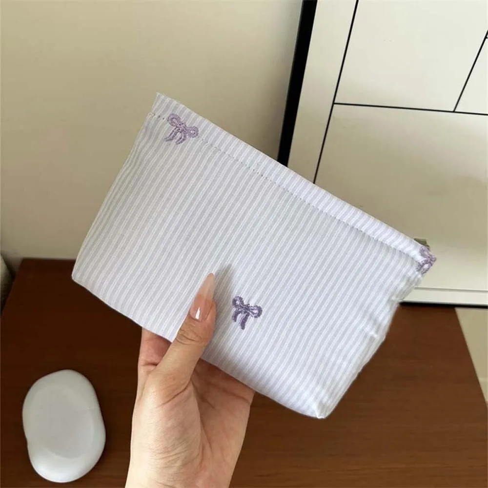 Classic Stripes Makeup Pouch Embroidered Pattern Soft Canvas Cosmetic Organizer Pastel Colors Compact Size Toiletry Bag