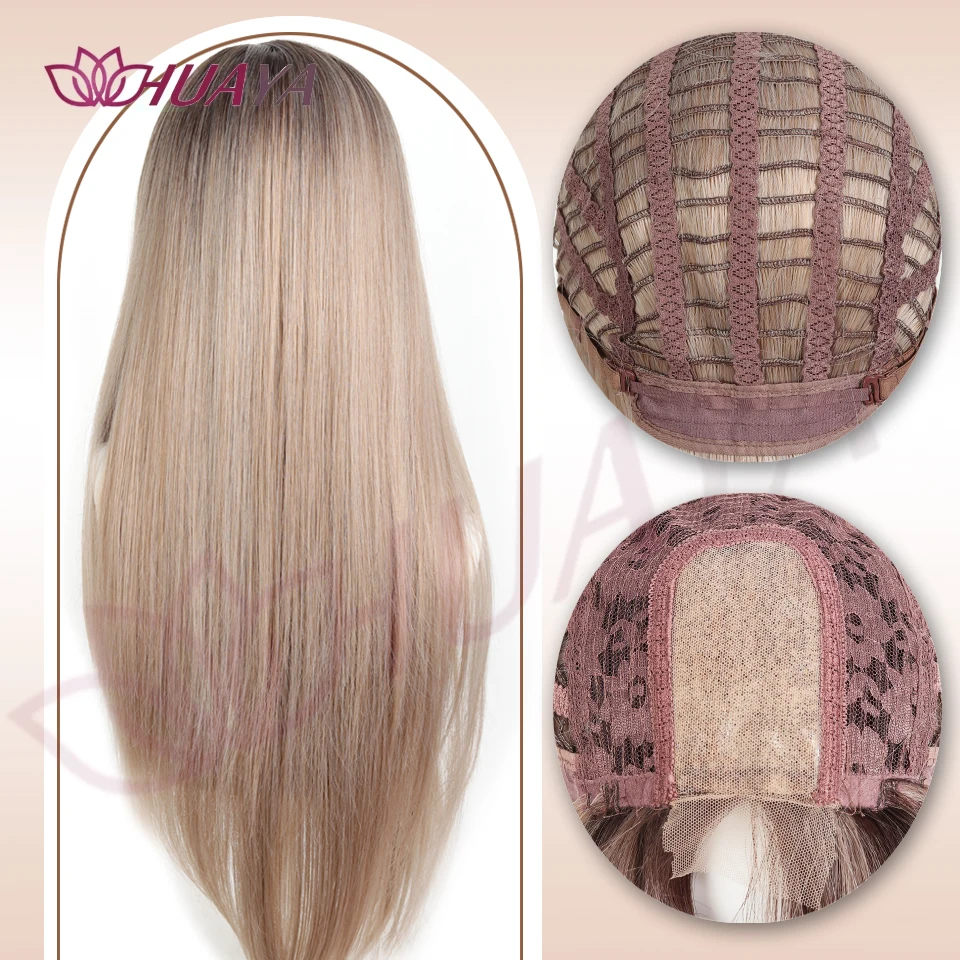 26inch Gray Brown Synthetic Wigs Middle-part Bangs front Lace Long Daily Straight Cosplay Party Wigs for Women Natural Hair
