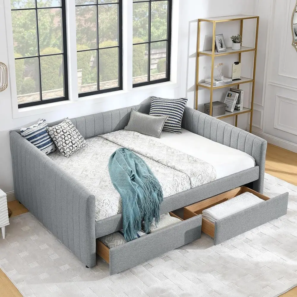 

Queen Size Linen Daybed with Storage and Stripes, Suitable for Bedroom or Living Room, Grey, No Box Spring Needed