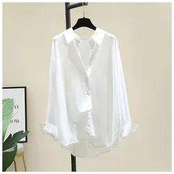 Women Clothing Casual Loose Solid Long Sleeve Shirts Summer Fashion All-match Turn-down Collar Thin Blouses Office Lady Tops