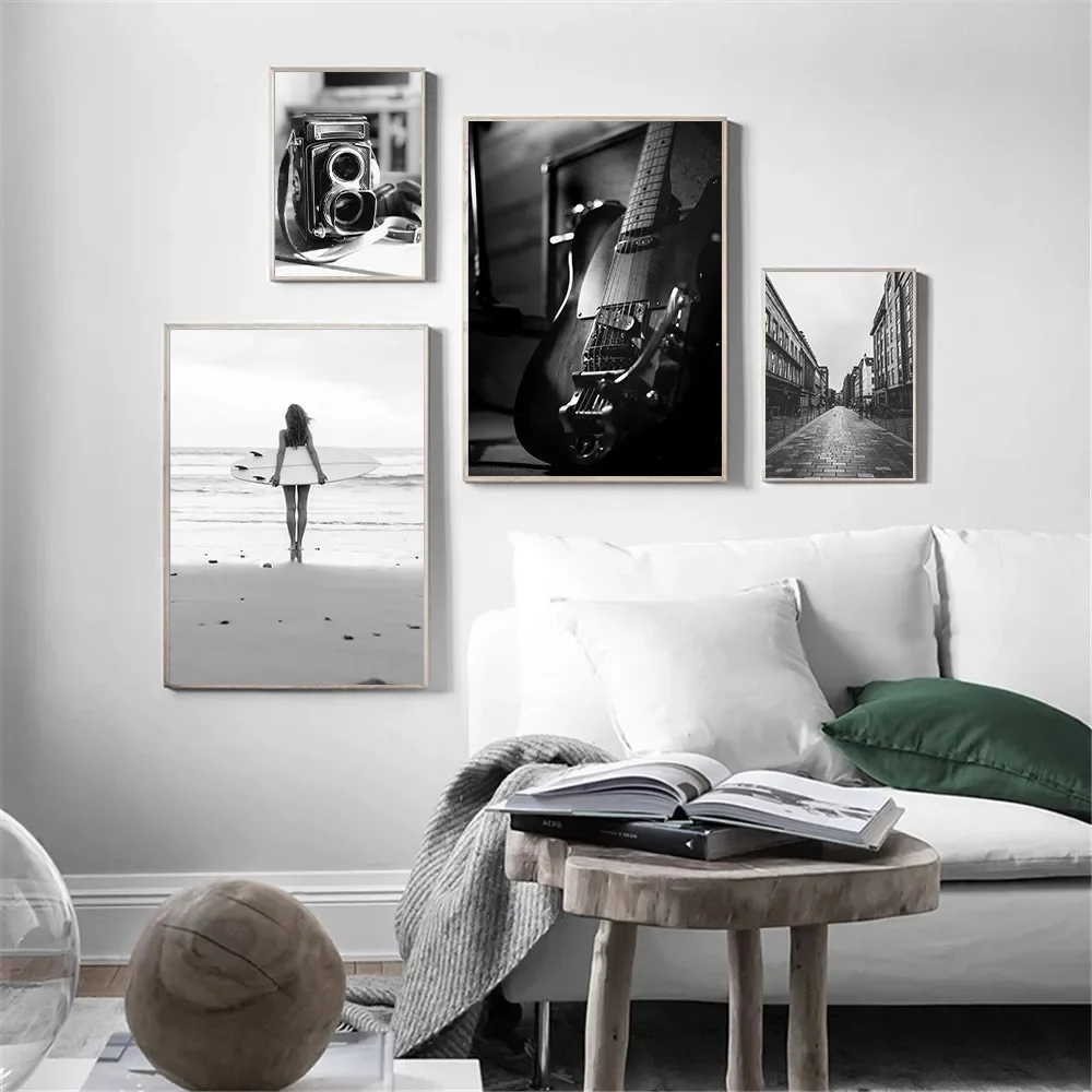 Black White Guitar Piano Camera Poster Beach Surf Girl Wall Art Paintings Street Vintage Print Nordic Wall Pictures Home Decor