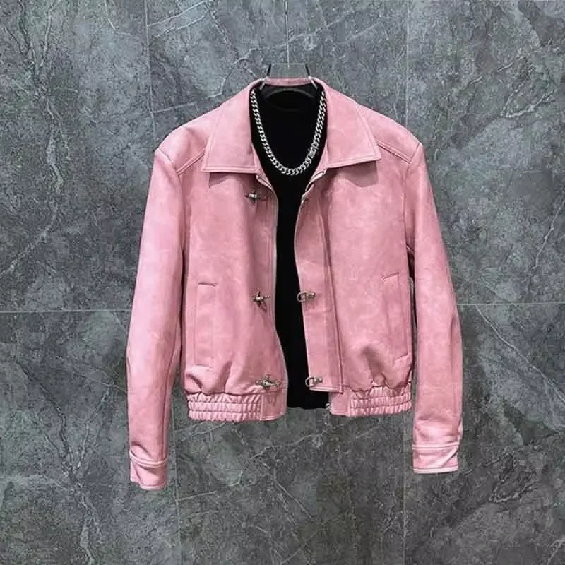 Unisex Faux Leather Jacket Men Women Vintage Lapel Metal Buckle Cropped PU Coat Streetwear Elastic Hem Outerwear