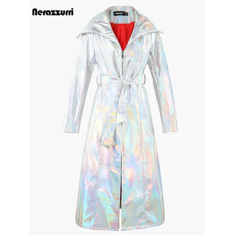 

Осенний длинный лазерный блестящий серебристо-красный плащ из лакированной искусственной кожи для мужчин с поясом, двубортная роскошная дизайнерская одежда 5;c, 6's.2;