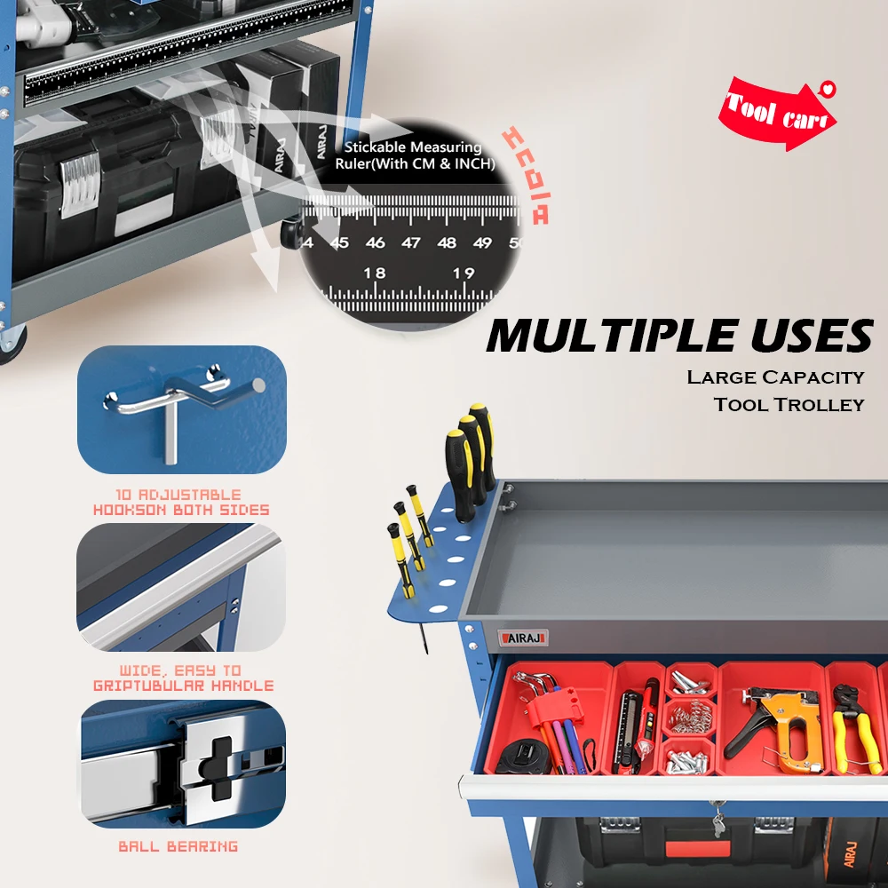 AIRAJ 3-layer rolling mechanical tool cart, wheeled tool cart, tool storage cart with drawers and red compartments, home warehou