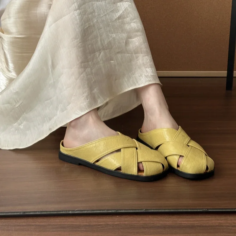 

Женские тканые мягкие подошвы с вырезом, крутые летние новые дышащие нескользящие римские туфли на плоской подошве с квадратным носком и неглубоким ртом