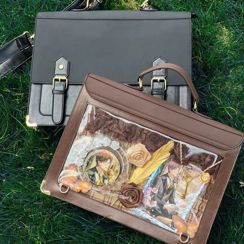 

Brown Japanese Student JK Uniform Bag PU Vintage High Capacity Tote Bag Transparent Y2k Ita Backpack Satchels Handbag For Women