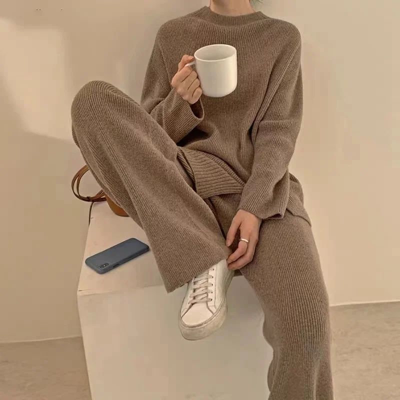 

Autumn Winter Knitted Sweater 2 Piece Set Chic High Quality Women O Neck Thick Warm Loose Split Pullovers + Wide Leg Pants Suits