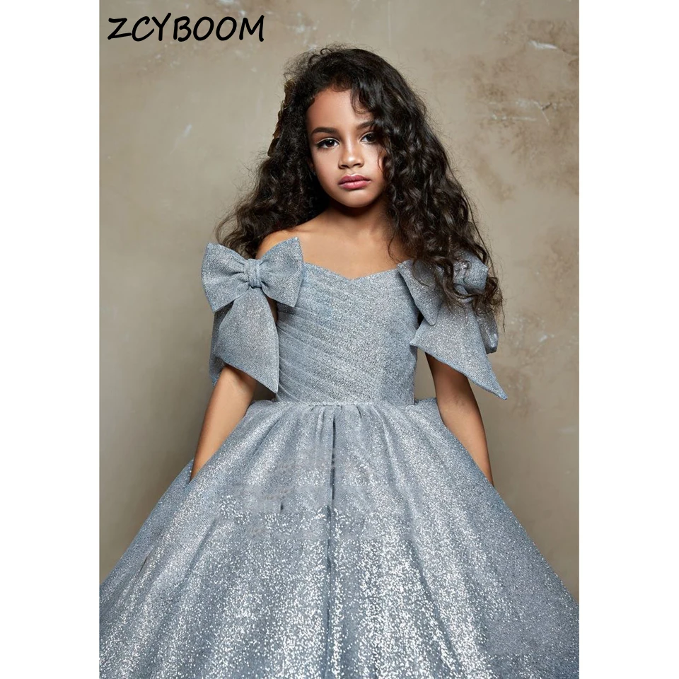 Customized  Luxury Open Back Bow Shiny Flower Girl Dress For Wedding 2024 Ball Gown Sweep Train Zipper First Communion Gowns