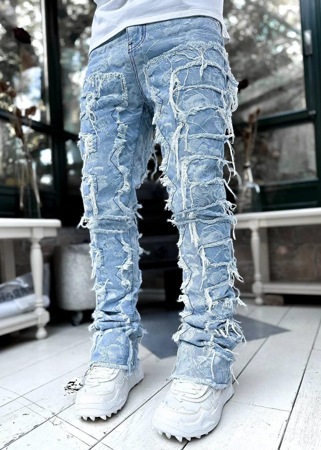 Jeans empilhados de ajuste regular masculino, Patch Slim Fit rasgado, Calça jeans reta destruída afligida, Hip Hop Streetwear calça pano