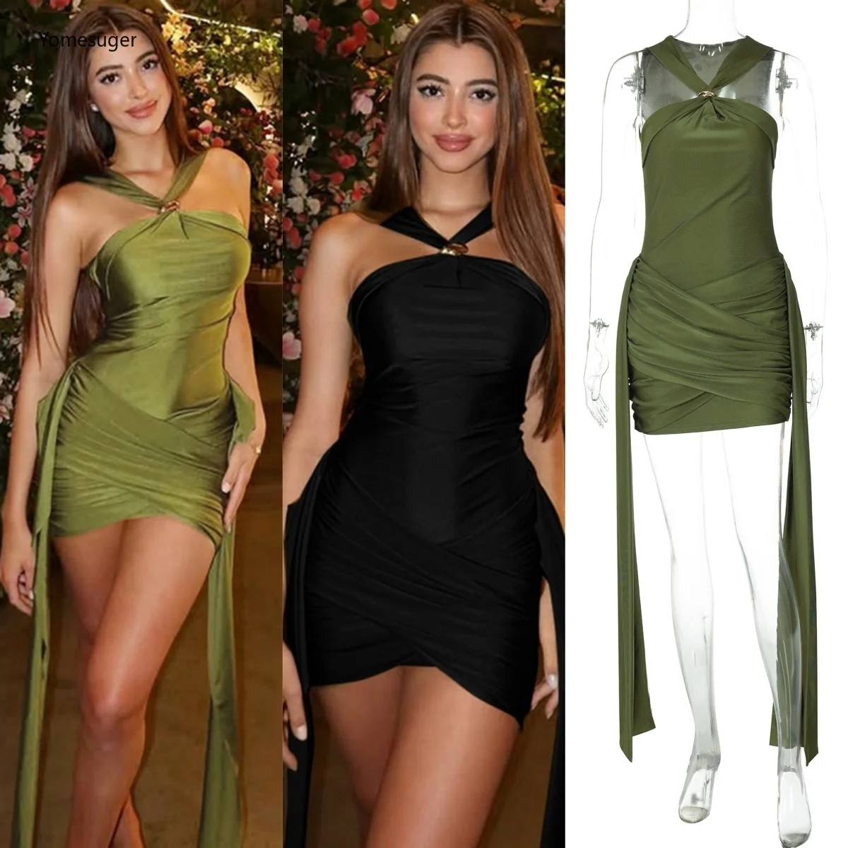Yomesugar 우아한 러치드 바디콘 드레스 여성 힙스터 섹시한 로우컷 민소매 사이드 리본 스키니 베스티도스 생일 파티 클럽웨어