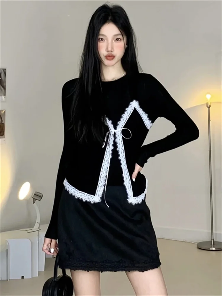 Original Lace Splice Women's Top Bla Long Sve Spring New Sle Beautiful Unique Loose Fit round Ne Single Piece Korean...