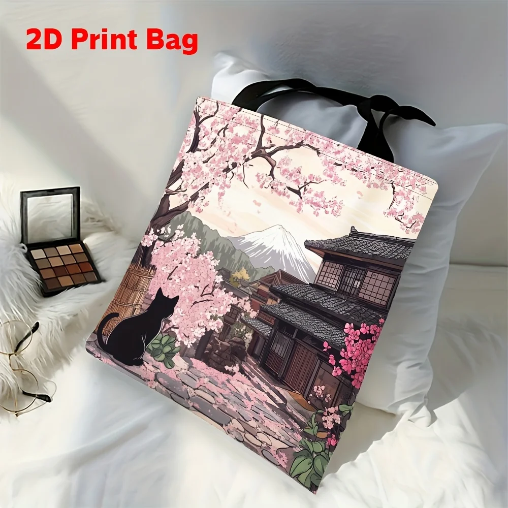 Stylish Cherry Blossom Shoulder Bag Sakura Cat Tote Bag Large Capacity, Modern Design Polyester Material for Shopping Handbag
