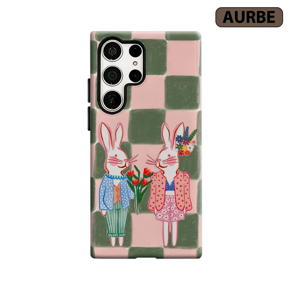 Aurbe Phone Case For Samsung Galaxy S26 S25 S24 S23 Ultra Plus HD Hard Checkerboard Rabbit Couple Double Layer Film Cover