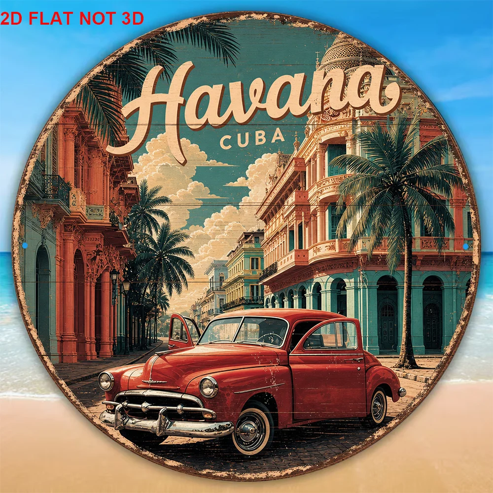 2D Flat, 1pc Havana Cuba Vintage Wall Sign - Retro Cuban-Themed Round Plaque Suitable for Bar, Cafe, Restaurant Decor, Cuban Gif