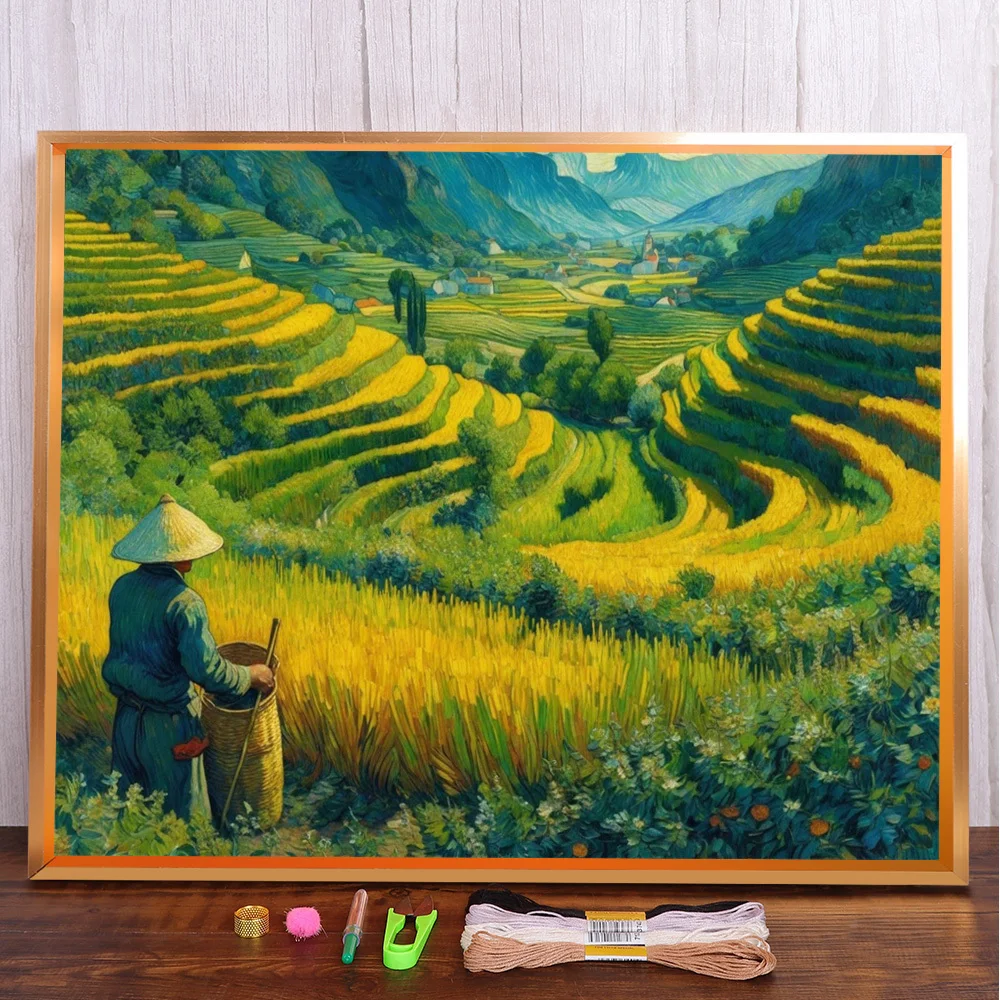 

Landscape Terraces Printed 11CT Cross Stitch Patterns DIY Embroidery Hobby Painting Handiwork Sewing Promotions Mulina Needle