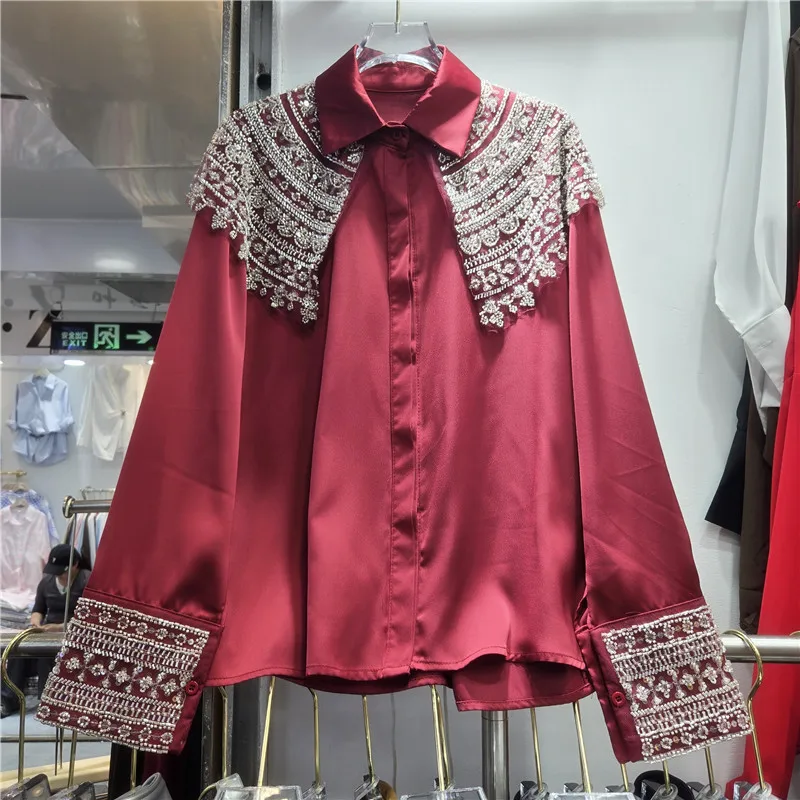 SuperAen 2026 Herfst Nieuwe Lovertjes Geborduurde Flares Sjaal Cape Patchwork Ontwerp Shirt Fashion Casual Losse Shirts