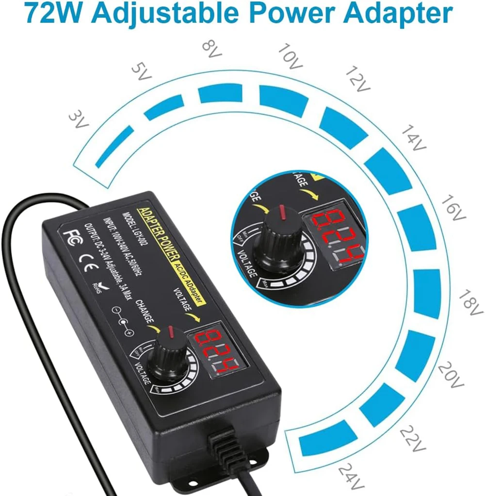 3V-24V 3A 72W Adjustable Power Adapter, Multi-Voltage 100V-240V AC to DC 9V 12V 15V 16V 18V 19V 20V AC/DC Variable Power Supply