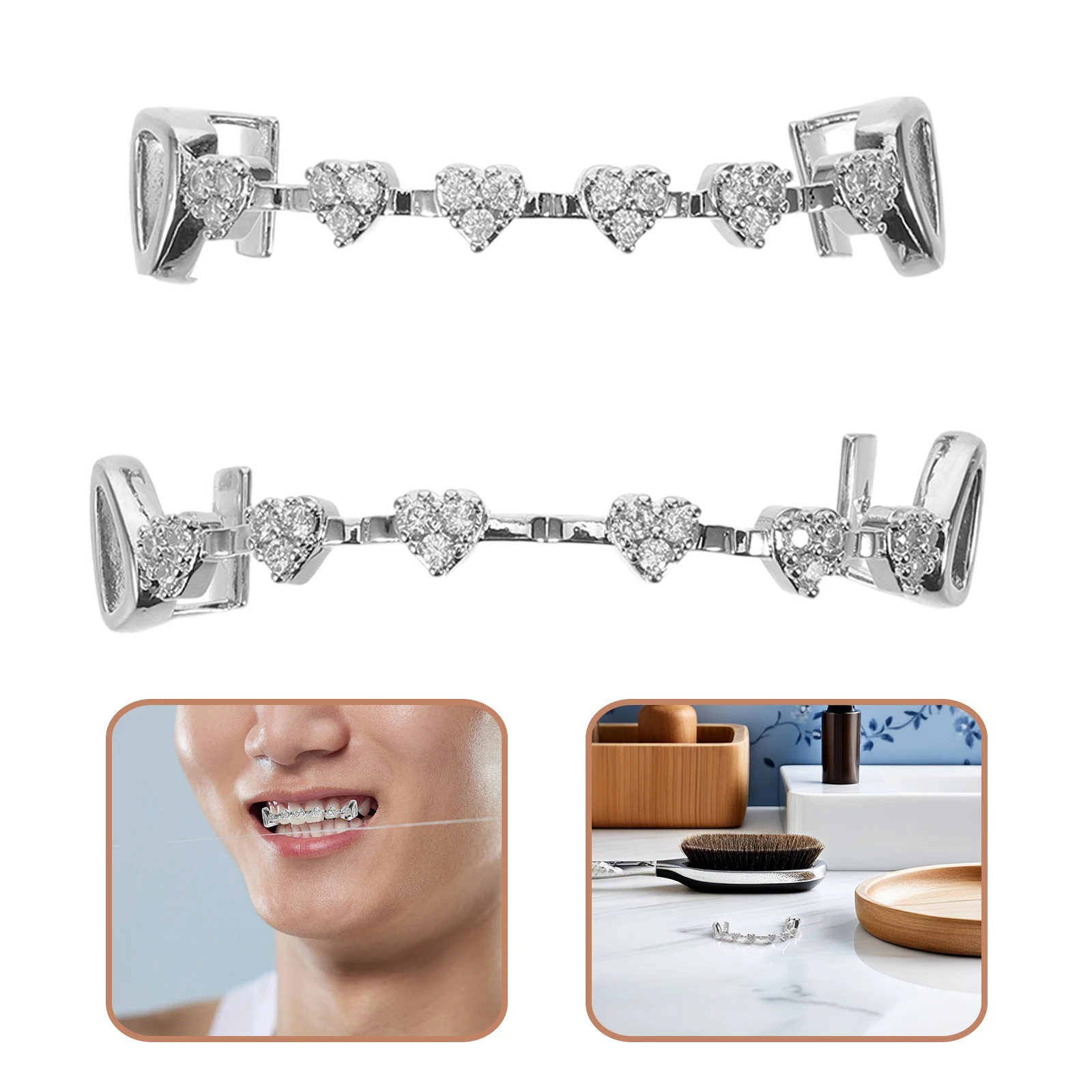 2Pcs Rhinestone Mouth Grill Silver Plated Bottom Teeth Costume Accessory Hip Hop Dental Fake Tooth Cap