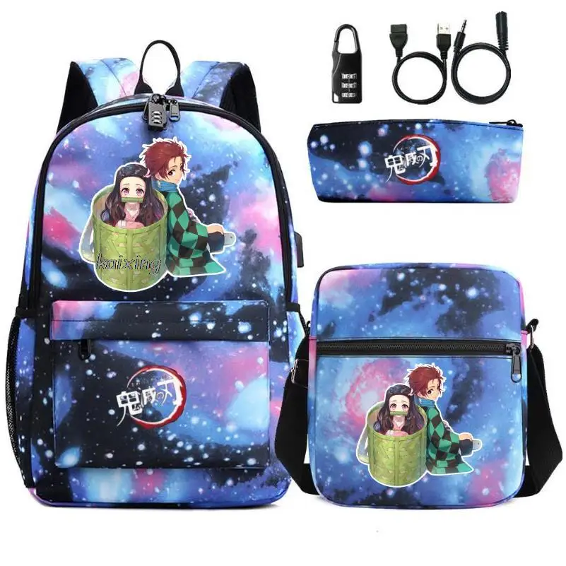 Hot Kamado Nezuko Demon Slayer Bookbag Kids Usb Anti-theft Lock Backpack Boys Girls School bags Daily Backpacks Mochilas Set