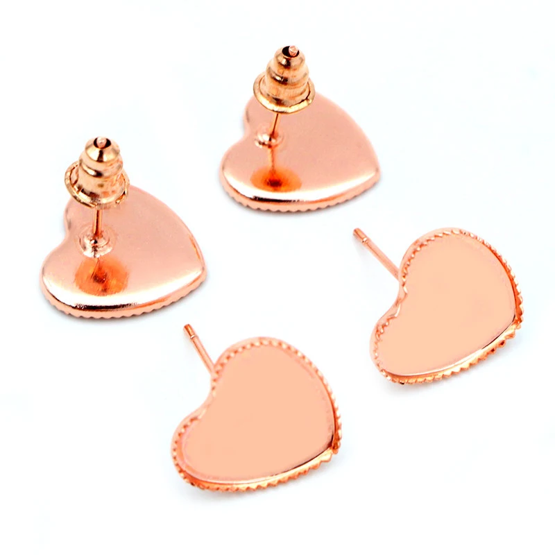12mm 20pcs Silver Color Bronze Gold Color Heart Earring Studs,Earrings Blank/Base,Fit 12mm Glass Cabochons;Earring Bezels