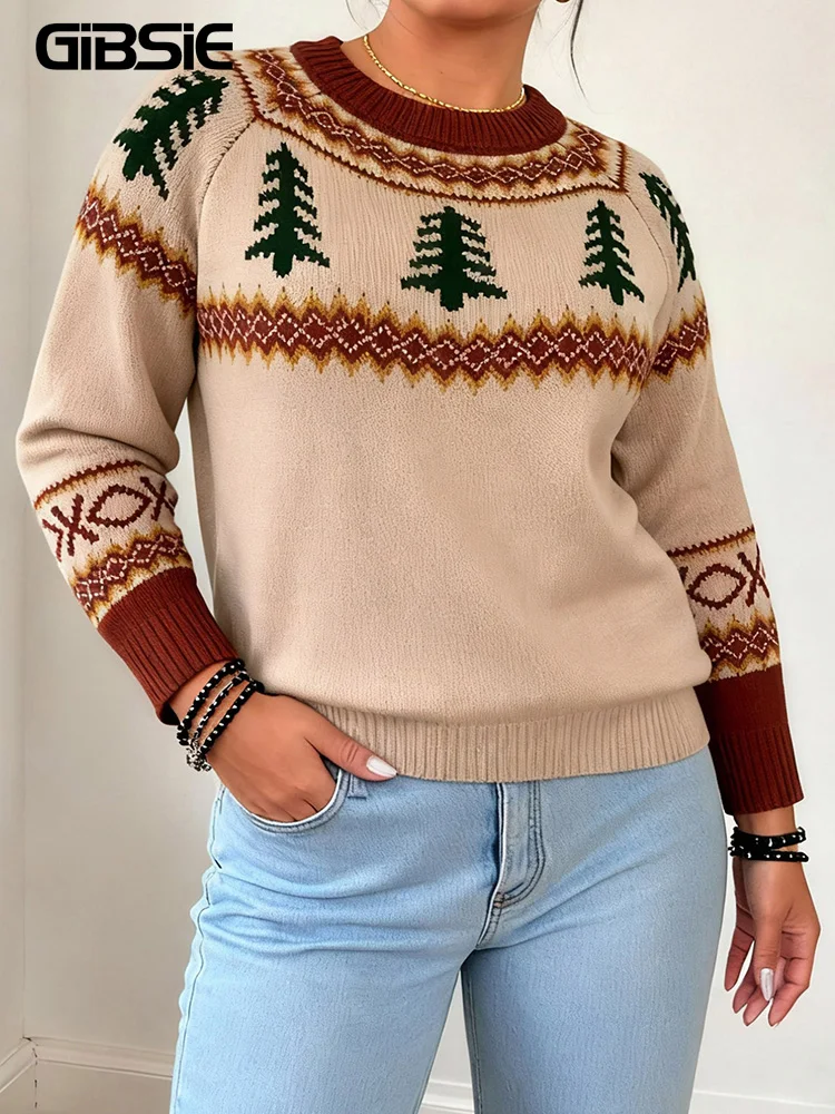 

GIBSIE женский пуловер больших размеров, осень-зима, рождественский свитер с круглым вырезом, женский повседневный свободный вязаный топ для женщин