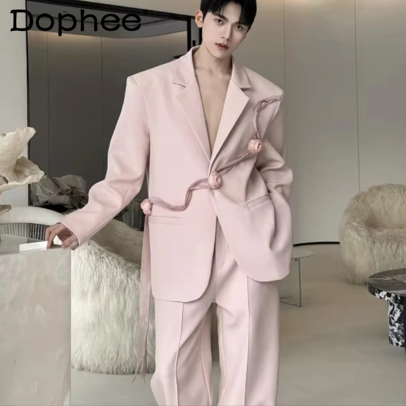 

Men's 2026 Spring New Fashion 2pcs Elegant Rose Ribbon Design Suit Jackets High-end Men's Suit Trousers Handsome Two-piece Sets