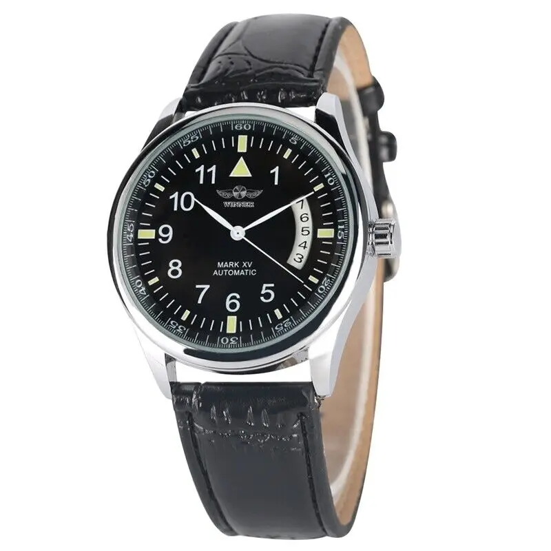 WINNER Mens Automatic Mechanical Watch Black/White Luminous Dial Black Leather Watches