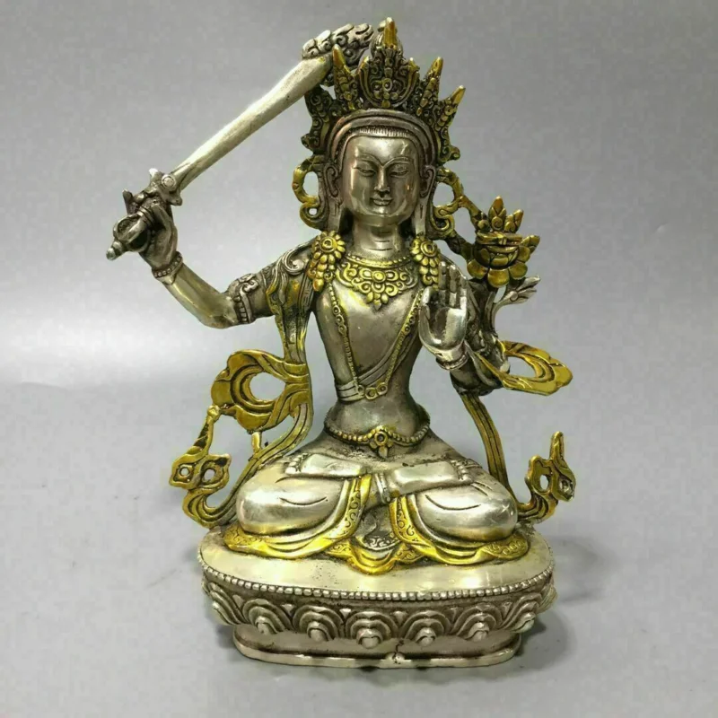 

8" tibet buddhism fane silver Manjushri Bodhisattva hold Sword god buddha statue