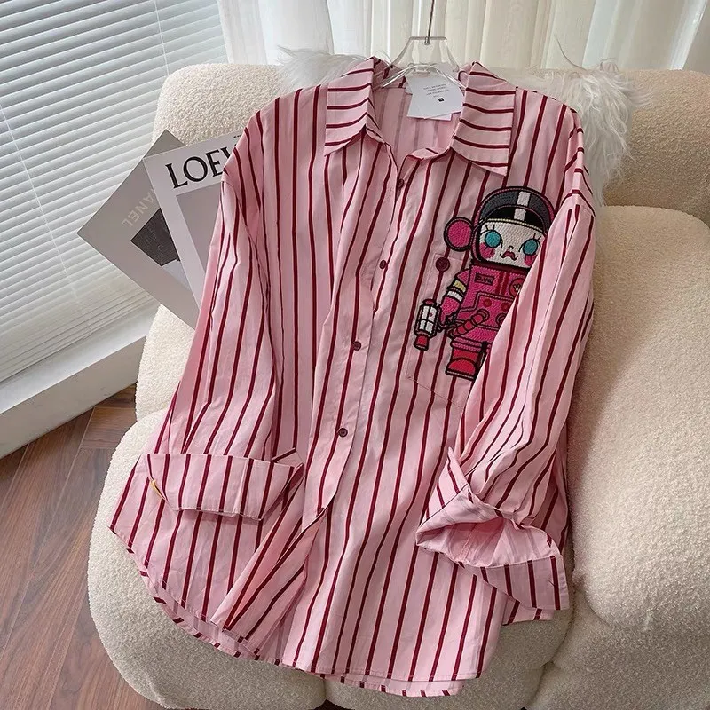 Oversize Women Long Sleeve Pink Strip Blouse Shirt Cartoon Embroiderey Appliques Blusas Feminina Casual Tops Blouses Shirts NS63