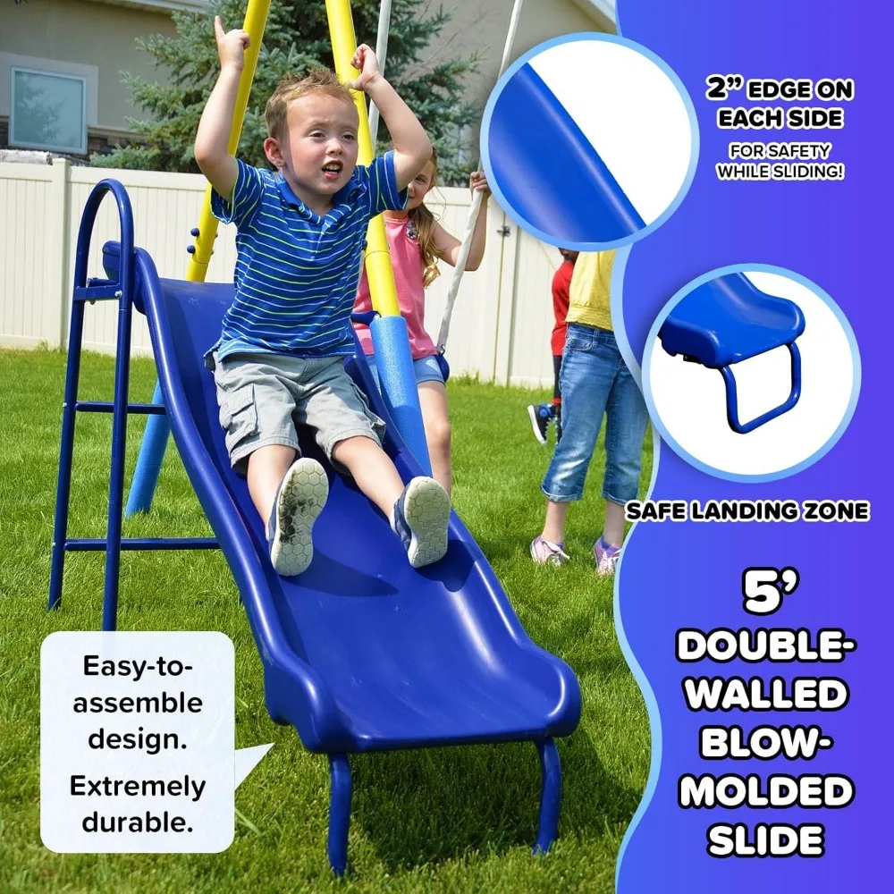 Premier balançoire en métal avec toboggan pour 4 enfants, bleu et jaune