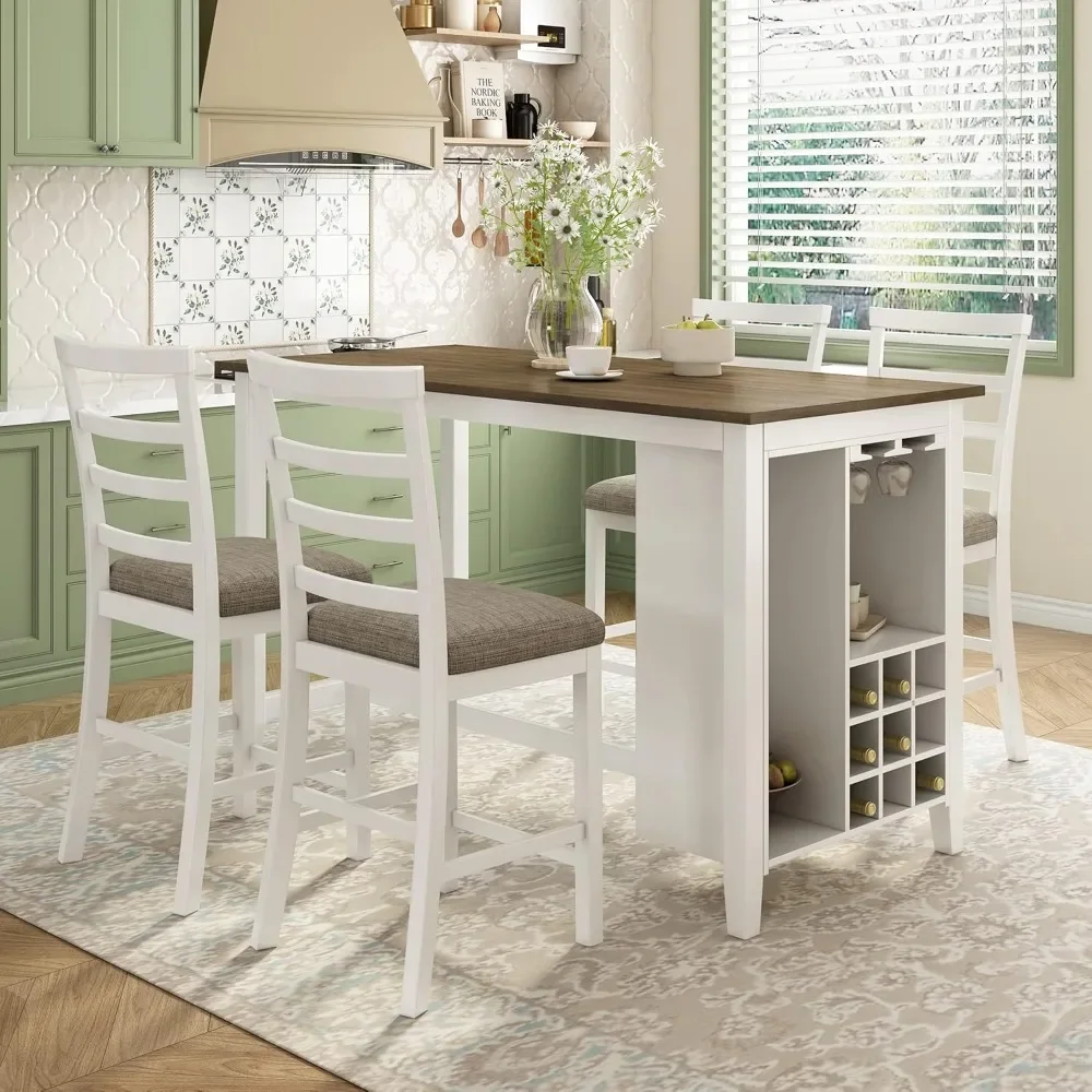 

5-Piece Dining Table Set for 4 Counter Height Table Set with 4 Chairs Multi-Functional Kitchen Table Set with 9 Bar Wineglass