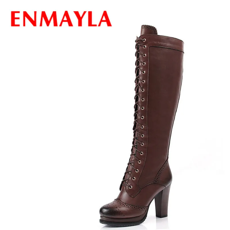 

ENMAYLA Retro Brogue Shoes Women PlatformThigh High Boots Lace-up Knee High Knight Boots High Heel Women's Shoes Black Brown