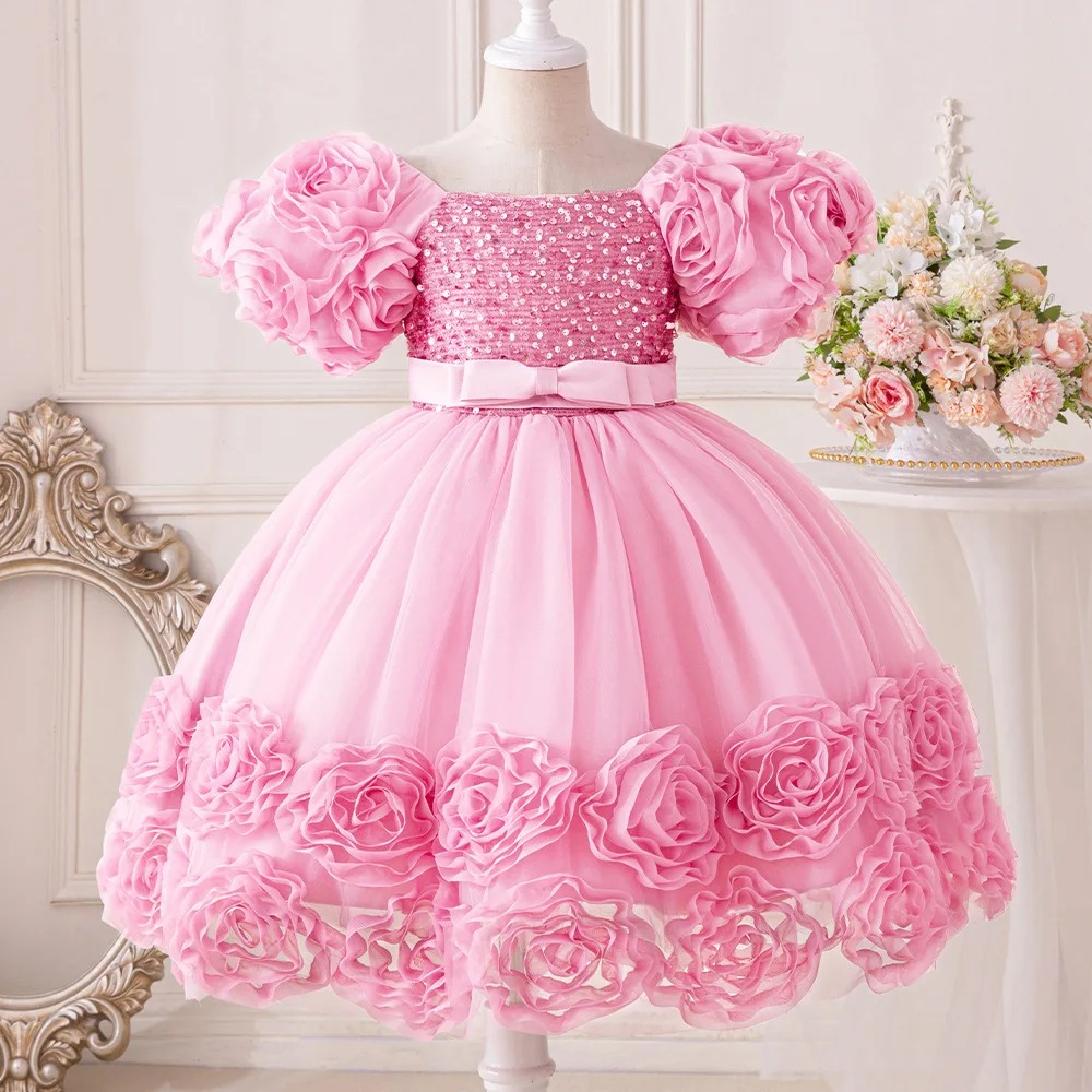 HETISO Girls Princess Sequins Dresses Toddler Kids First Birthday Ball Gown Children Wedding Christmas Party Frocks 2 4 6 8 Year