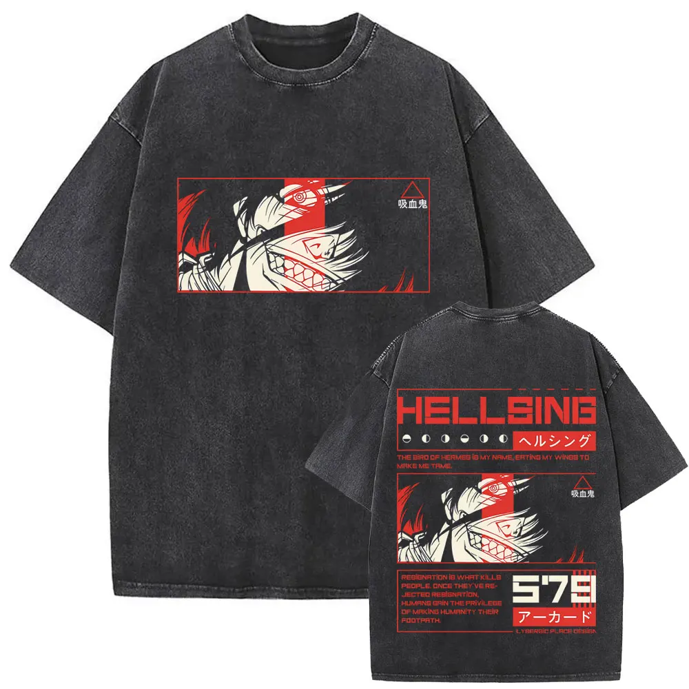 Washed Vintage Anime Hellsing Abraham Van Helsing Vampire Alucard Double Sided Print T-shirts Men's 90s Manga Oversized T Shirts - view 6