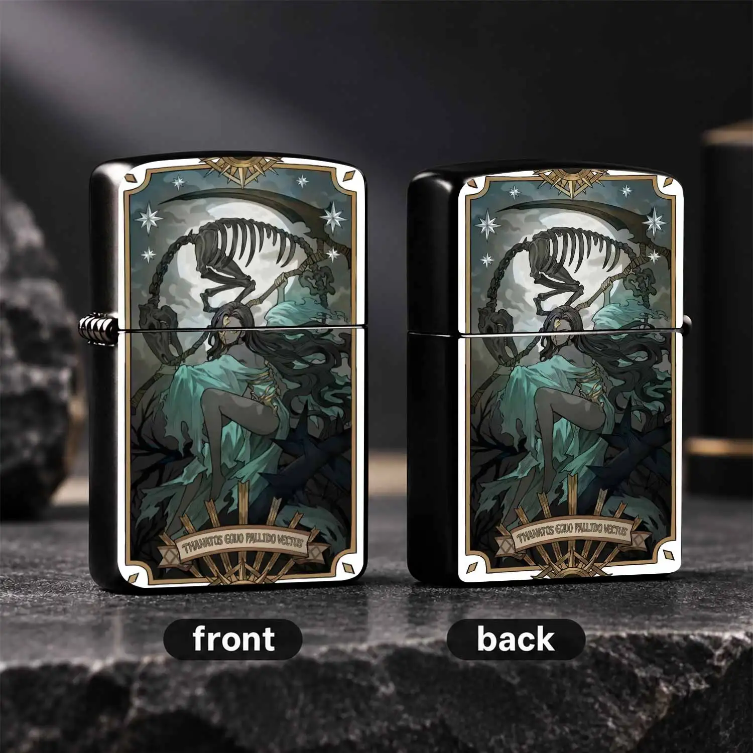 Vintage Tarot Thanatos Skeleton Horse Printed  Windproof Durable Sturdy Body Dark Death Girl Art Themed Collectible Device Portable Exquisite Unique Gift For  Tarot Enthusiasts Daily Use Decorative Ornament A Fun And Humorous Lighter