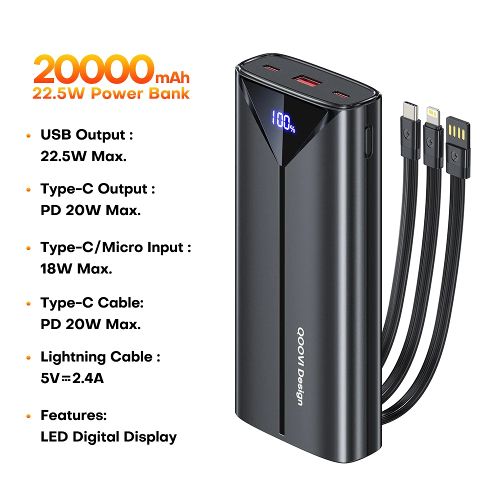 QOOVI 30000 mah Power Bank 22,5 W Schnelle Lade Integrierte Kabel Externe Große Batterie Tragbare Ladegerät Für iPhone Samsung Xiaomi 3