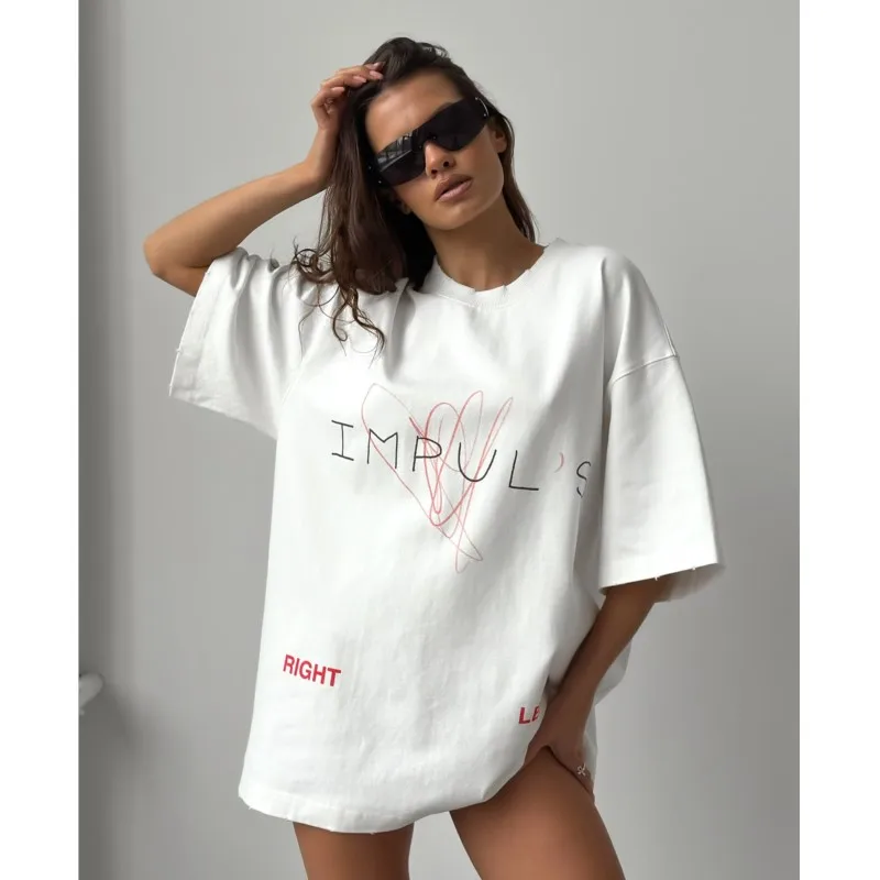 Ins 2026 Summer Cotton Women's T-shirts Printed Line & Letter Casual Cheap Fashion Clothes For Women Daily Office Date Study Top