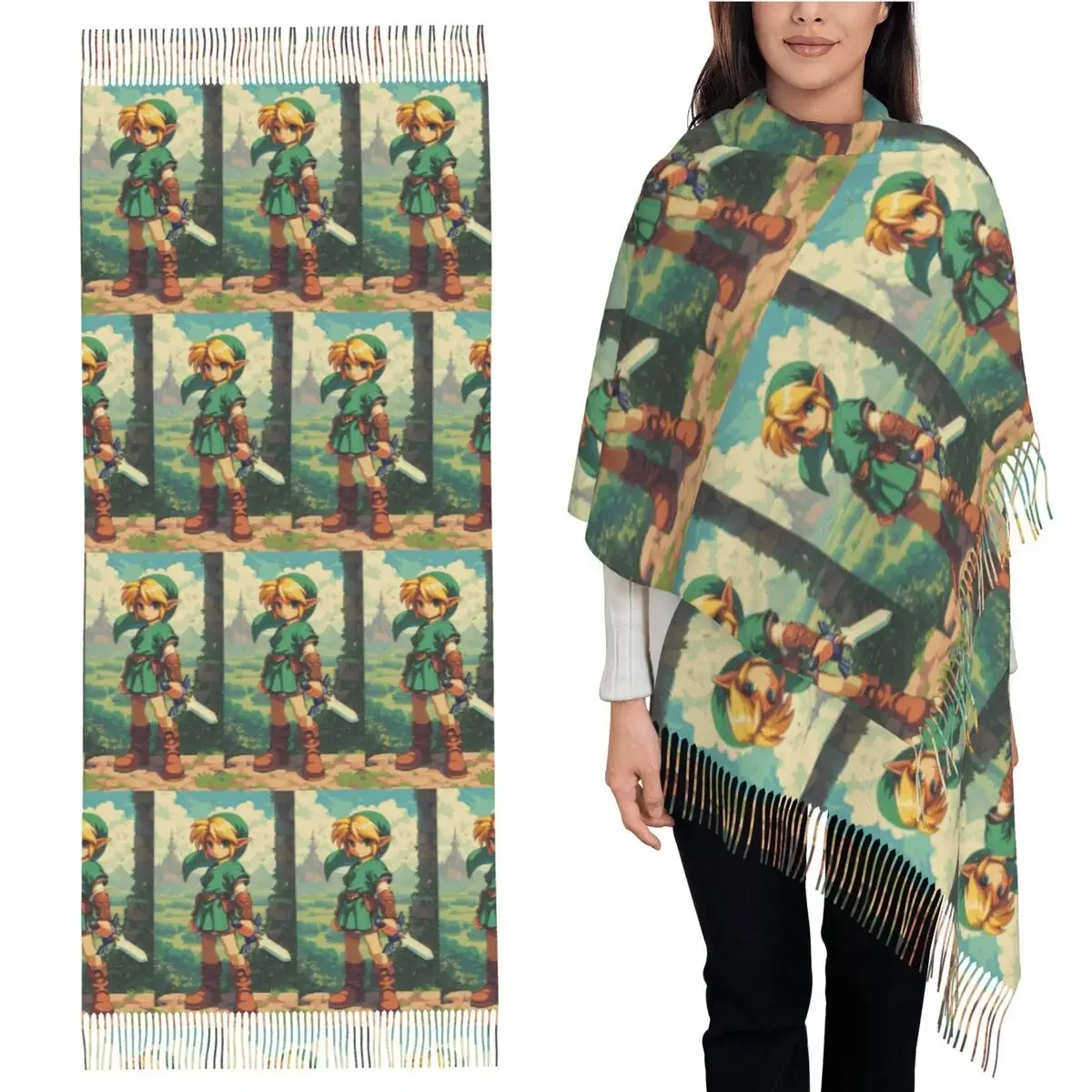 Juego Zelda Link Bufanda de dibujos animados Bufandas con borlas para mujer Chales y chales suaves y cálidos Chal grande para otoño e invierno
