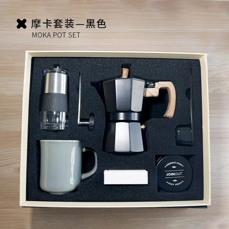 6-in-1 Moka Pot & Manual Grinder Coffee Set, Complete Barista Gift Box with Stovetop Espresso Maker