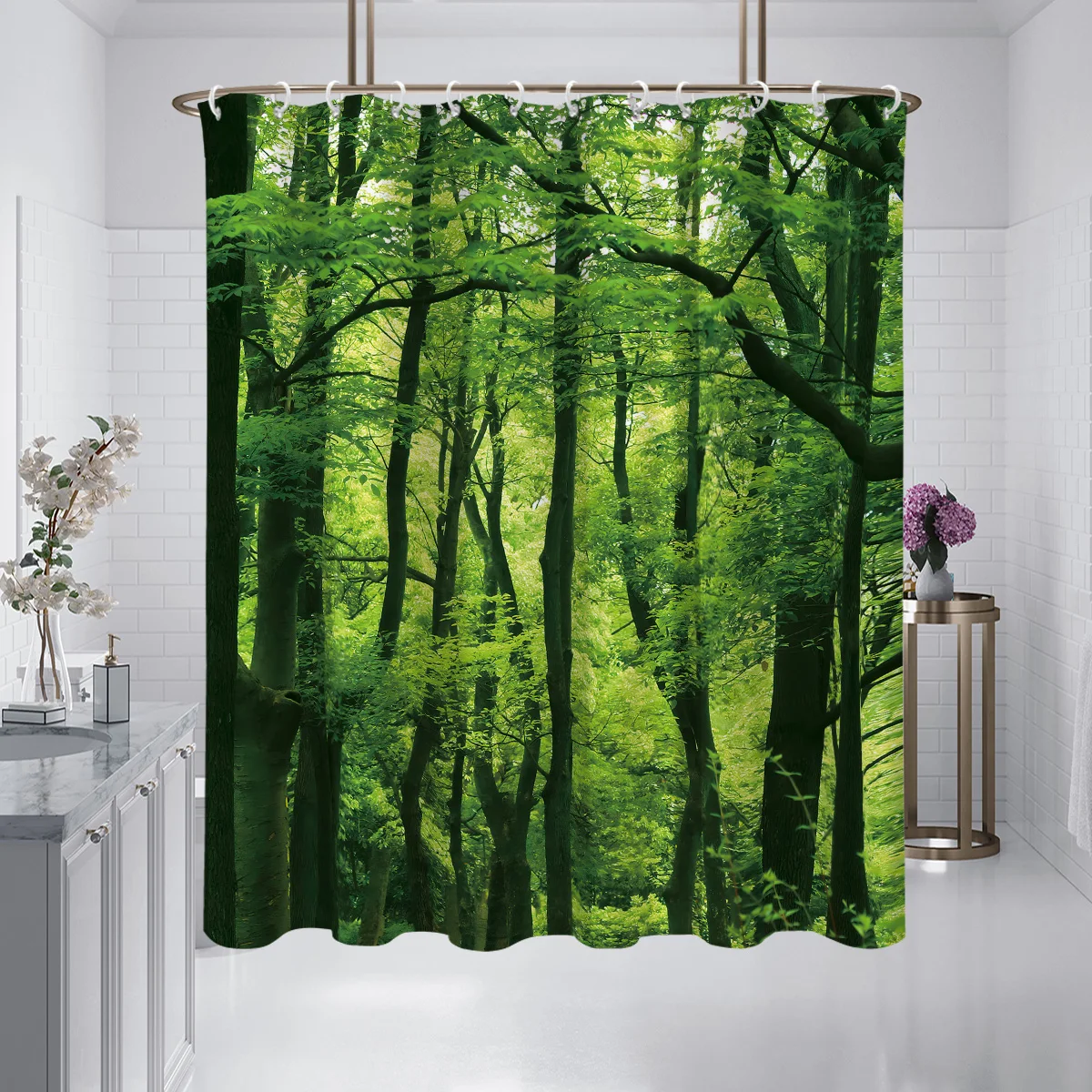 1PC naturally green forest printing, waterproof, mildew, resistance, hook, machine washing, bathroom shower curtain