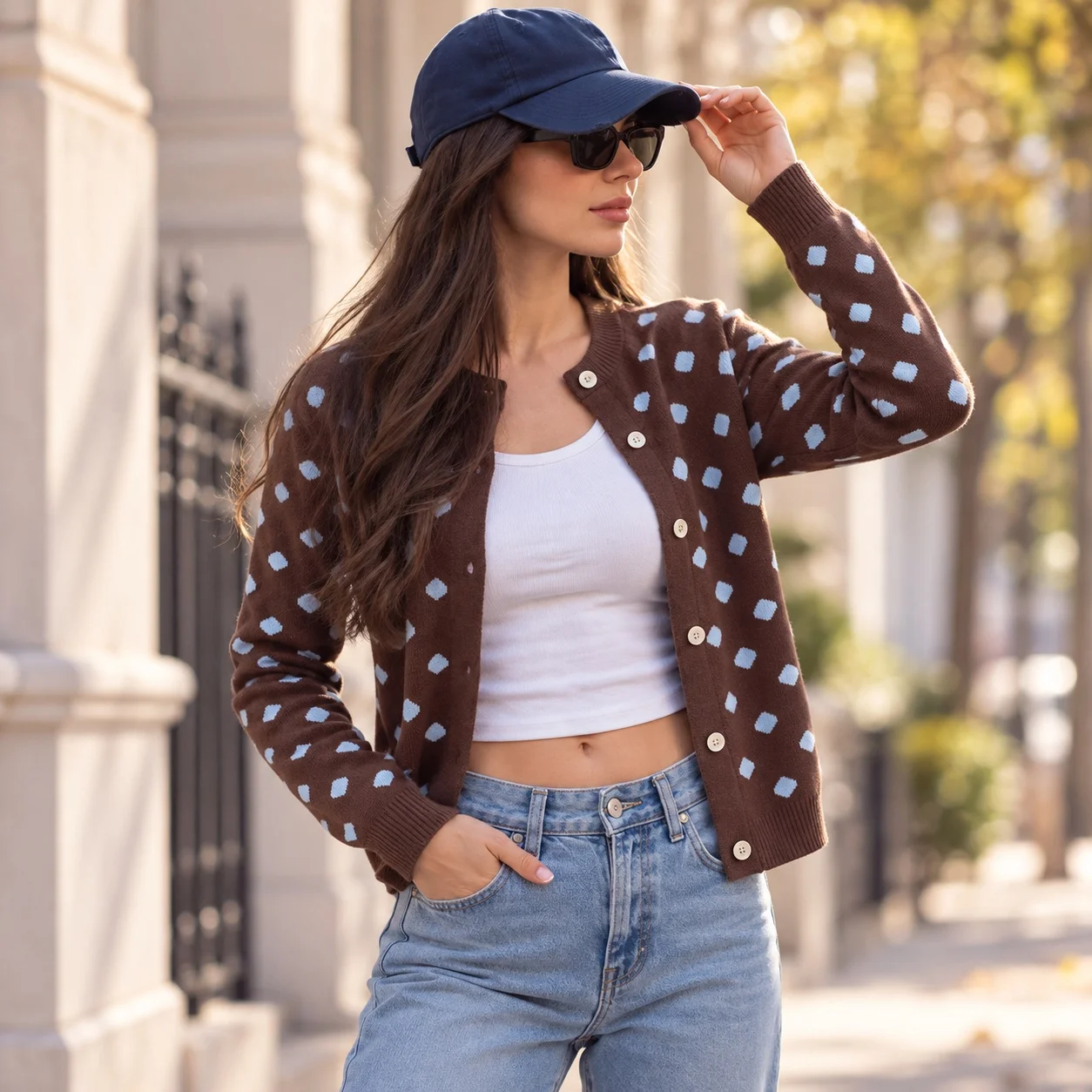 Polka Dot Long Sleeve Sweater Regular Fit Casual with Standard Length Single Breasted Multi Button Open Front Cardigan for Women