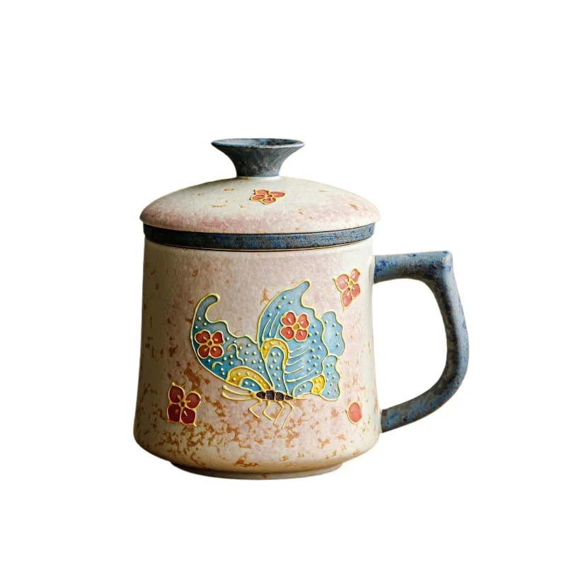 Hand-Painted Fire Stone Red Ceramic Office Tea Cup with Filter Butterfly Pattern for Home Office Tea