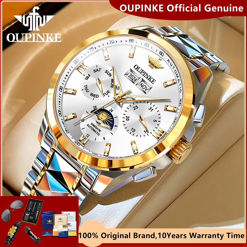 OUPINKE Automatic Mechanical Watch for Men Luxury Top Brand  Sapphire Mirror Waterproof Moon Phase Men\'s Business Wrist Watches