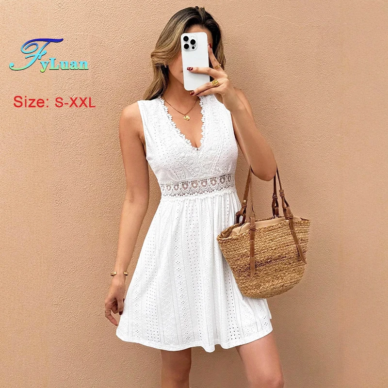 Zomer Zoete Damesjurk Witte V-hals Mouwloos Uitgesneden Splitsen Hoge Taille Kanten Jurk Strandvakantie Fee Stijl Jurk
